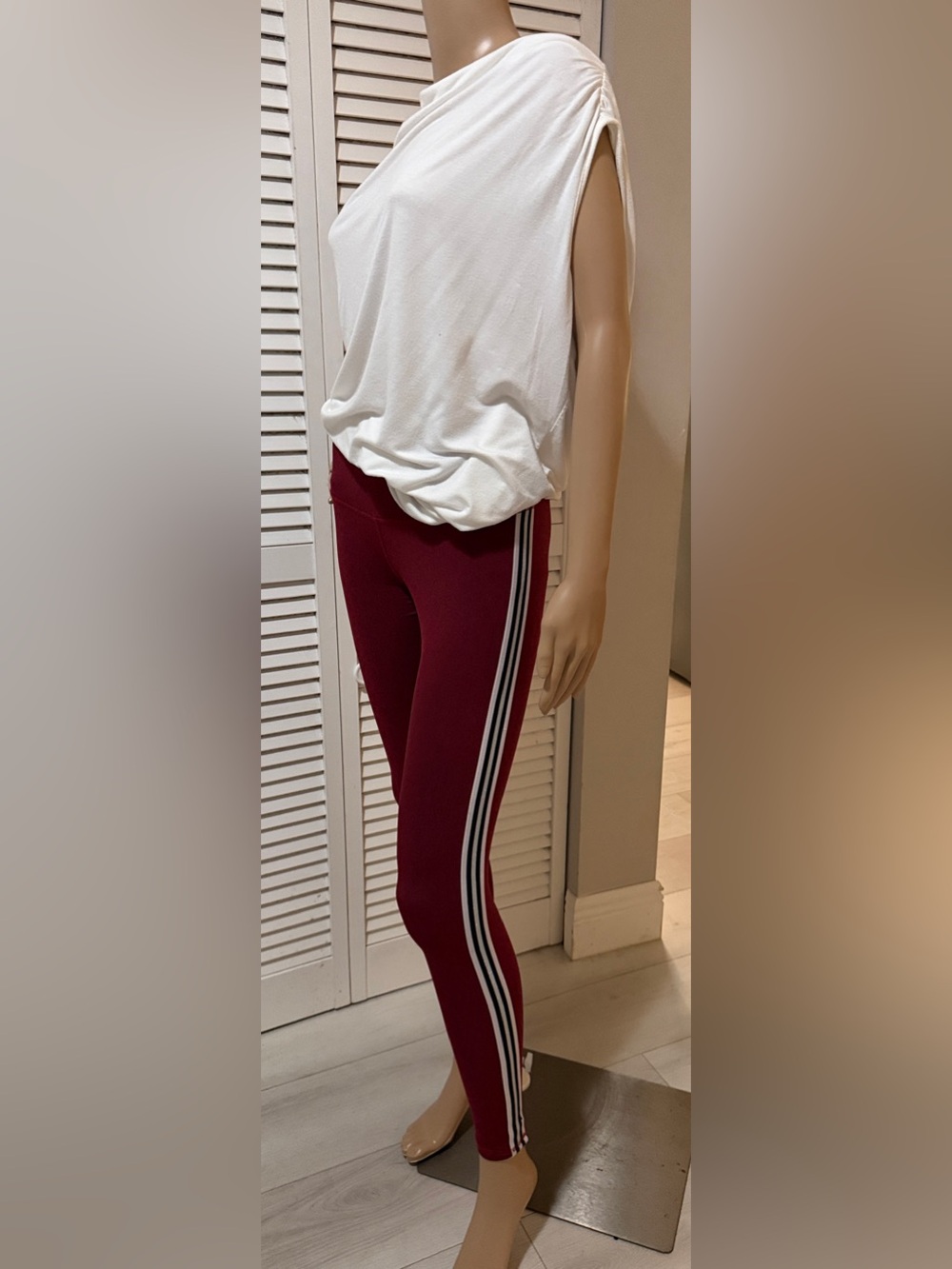 Strut-This Burgundy Racing Stripe Leggings One Size | Metallic Silver Detail